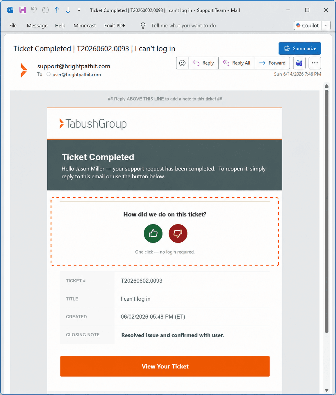Autotask ticket-close email with a one-click CSAT survey embedded